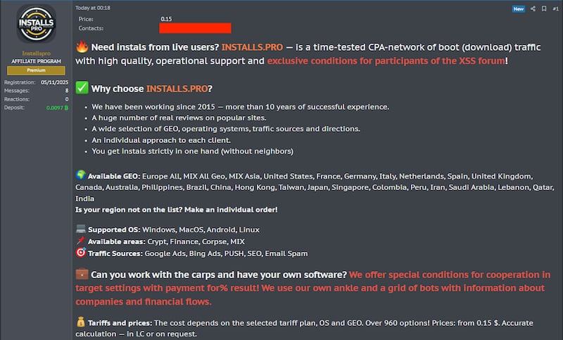 Installs.pro ofrece interfaz web, soporte por Telegram y estadísticas en tiempo real, como si fuera una tienda digital legítima.