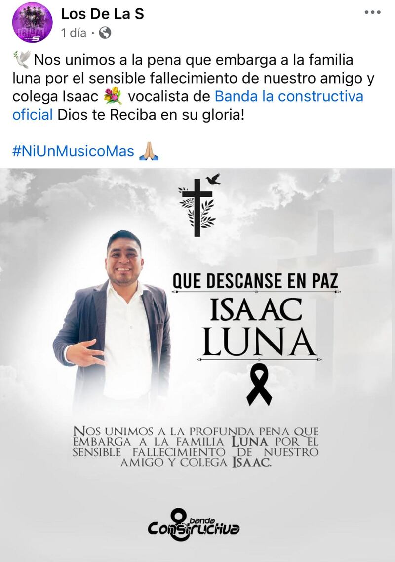 Publicación sobre el fallecimiento de Isaac Luna en Facebook