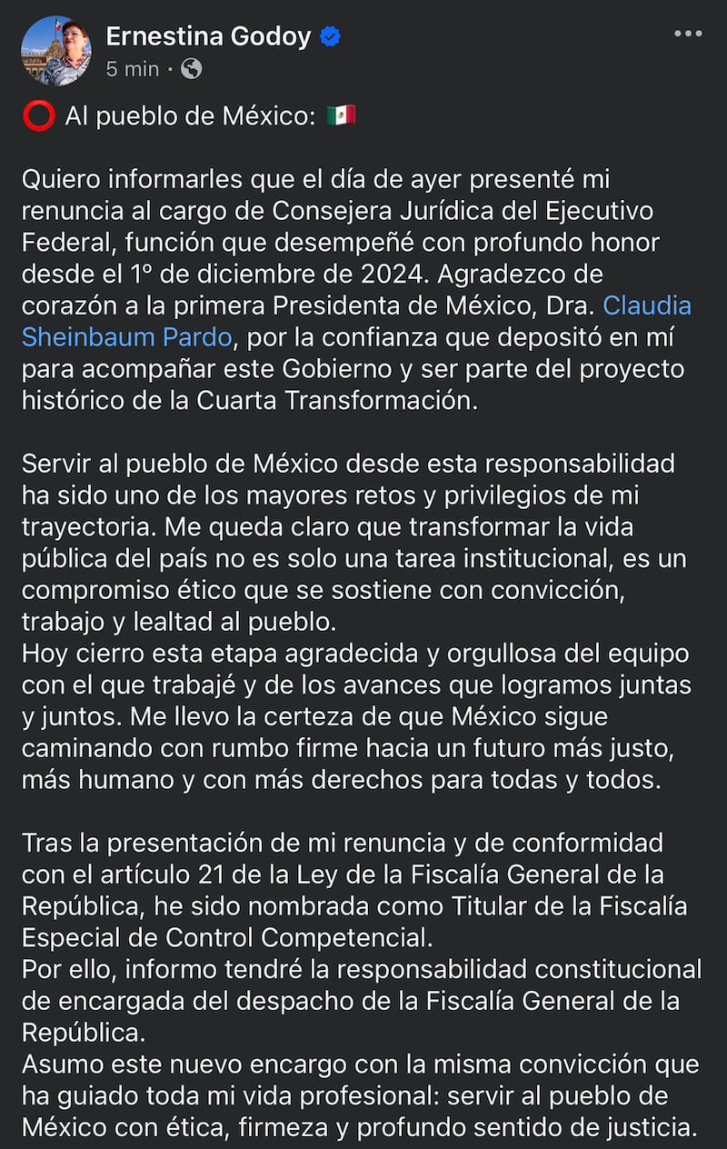 Mensaje de Ernestina Godoy tras salida de Gertz Manero