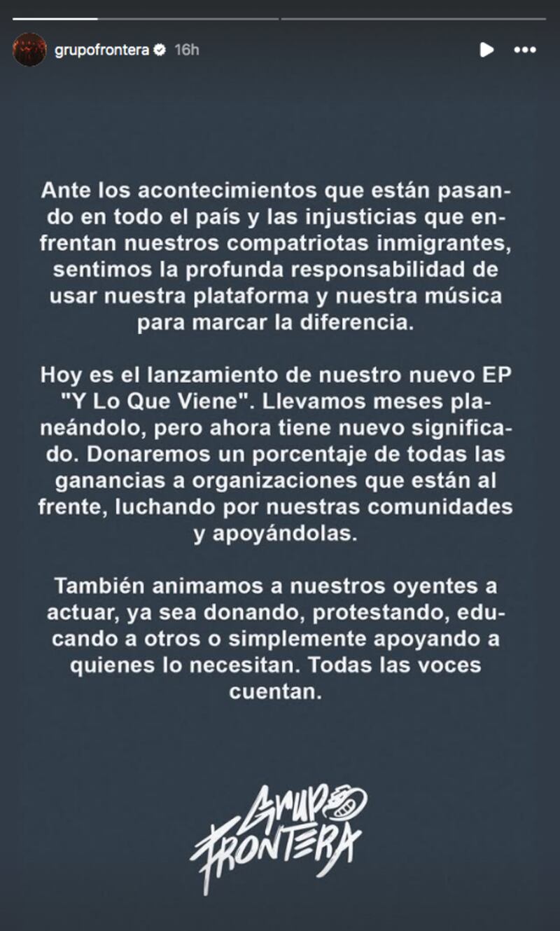 Historia en Instagram de Grupo Frontera