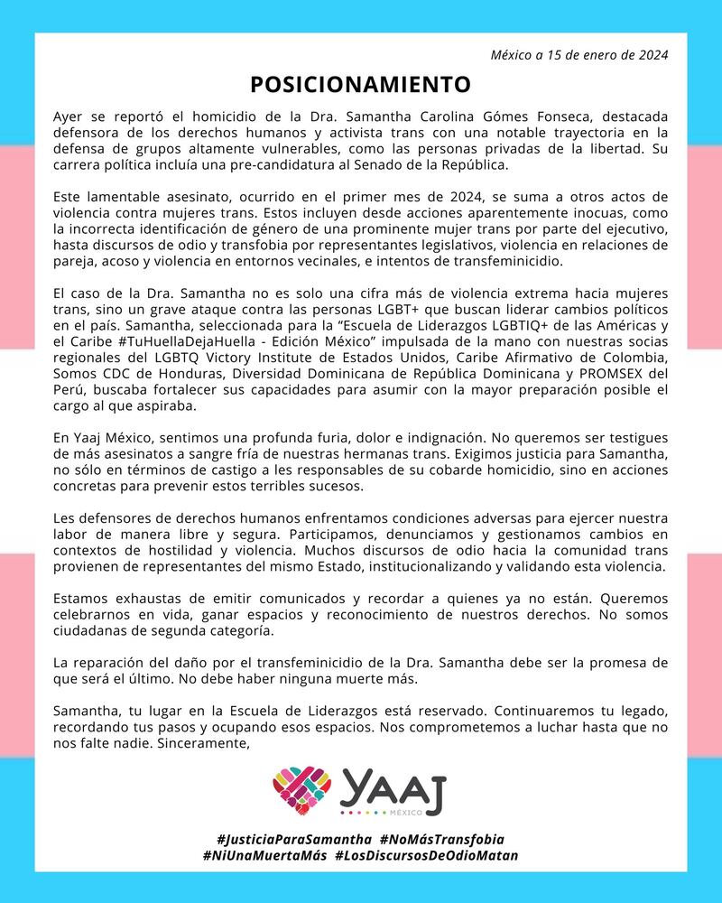 YAAJ condena el asesinato de Samantha Fonseca (YAAJ)