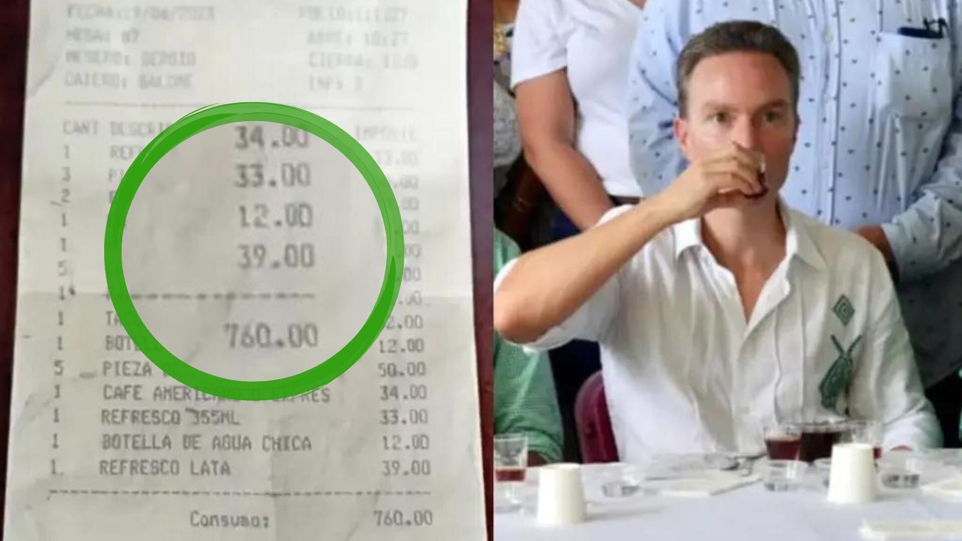 La cuenta del equipo de Manuel Velasco incluía varias piezas de pan dulce, enchiladas, café, agua y refresco.