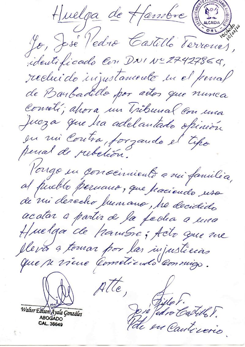 Pedro Castillo, expresidente de Perú, se delcara en huelga de hambre