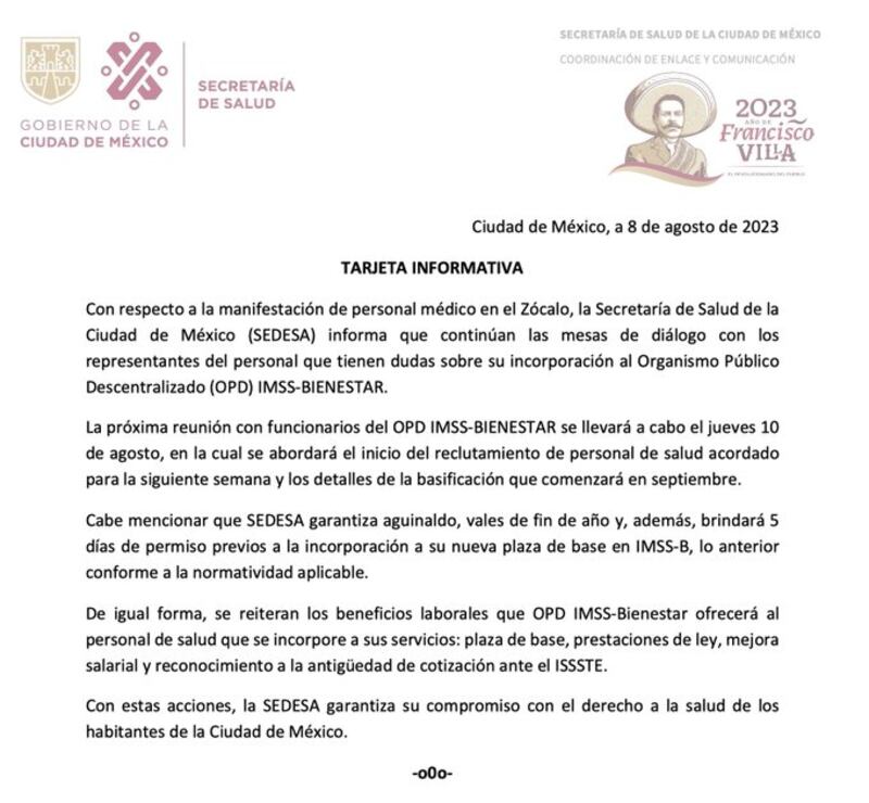 Tarjeta informativa de la Sedesa.