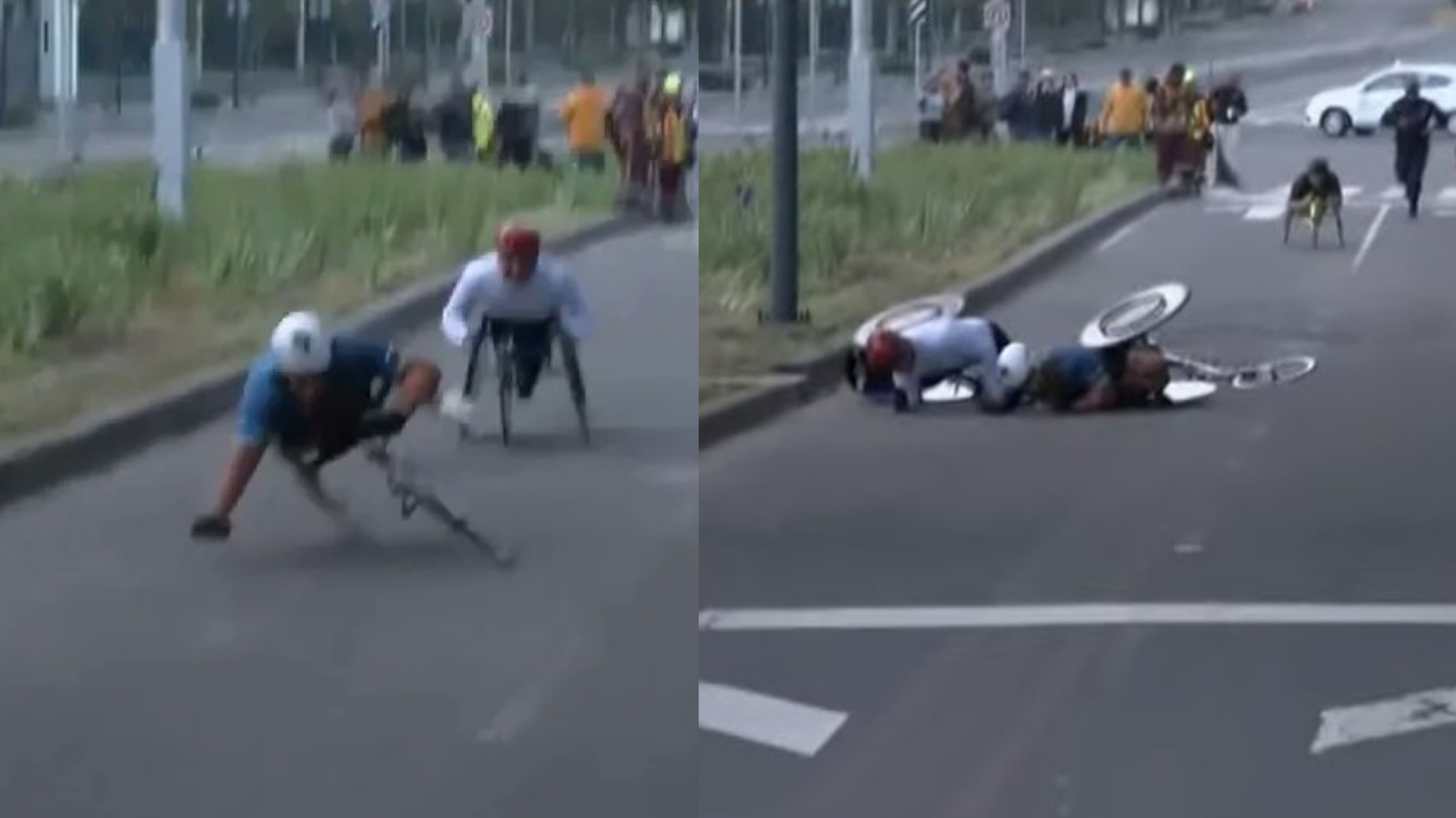 atletas en silla de ruedas sufrieron aparatosa caída.