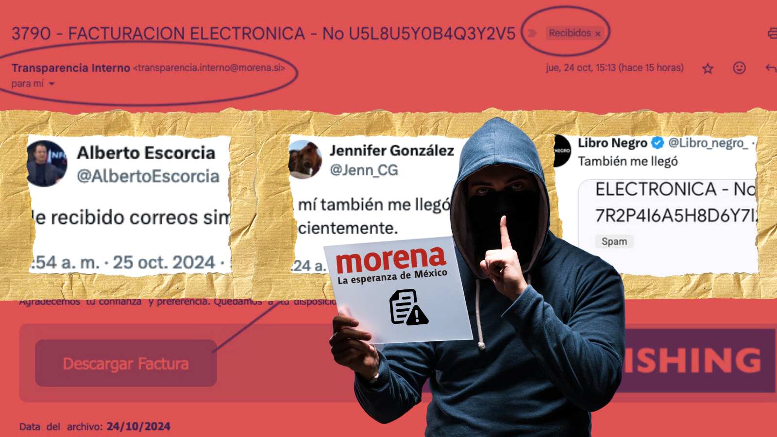 La cuenta de correo transparencia.interno@morena.si se usa en presunto phishing, simulando una factura urgente para presionar a periodistas.