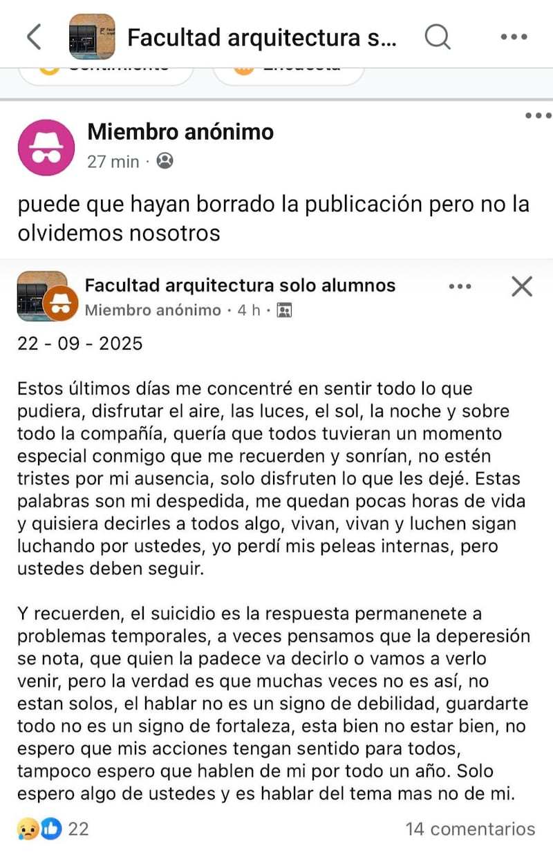 Mensaje de Jorge González Rafael en Facebook, antes de quitarse la vida.