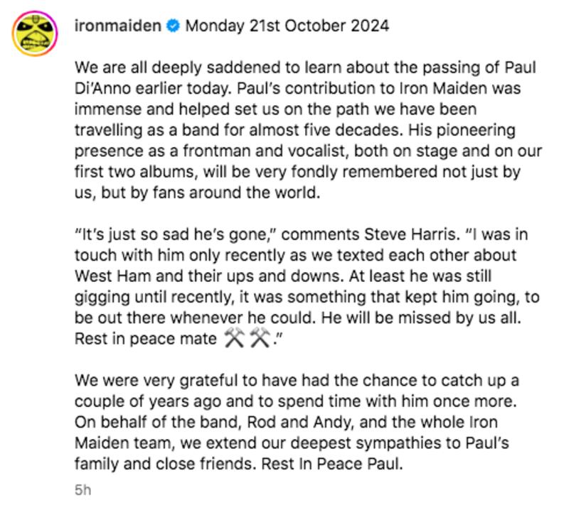 Comunicado de Iron Maiden en Instagram sobre el fallecimiento de Paul Di'Anno