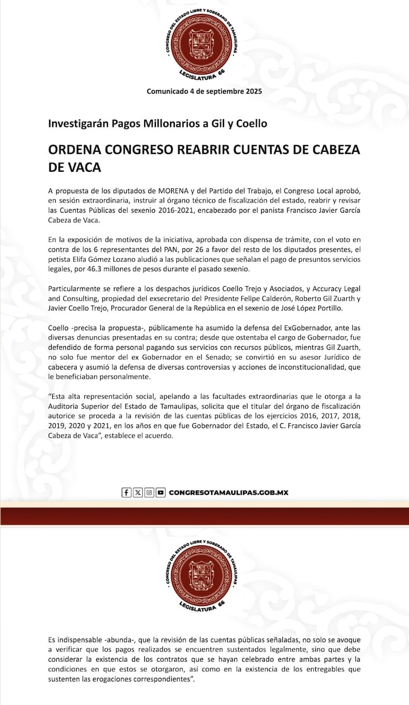 Comunicado Congreso de Tamaulipas