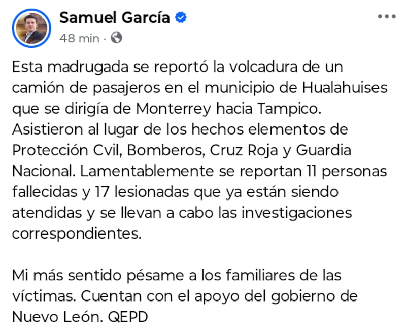 Samuel García recorrió a sus redes sociales para enviar condolencias por el fallecimiento de 11 personas.