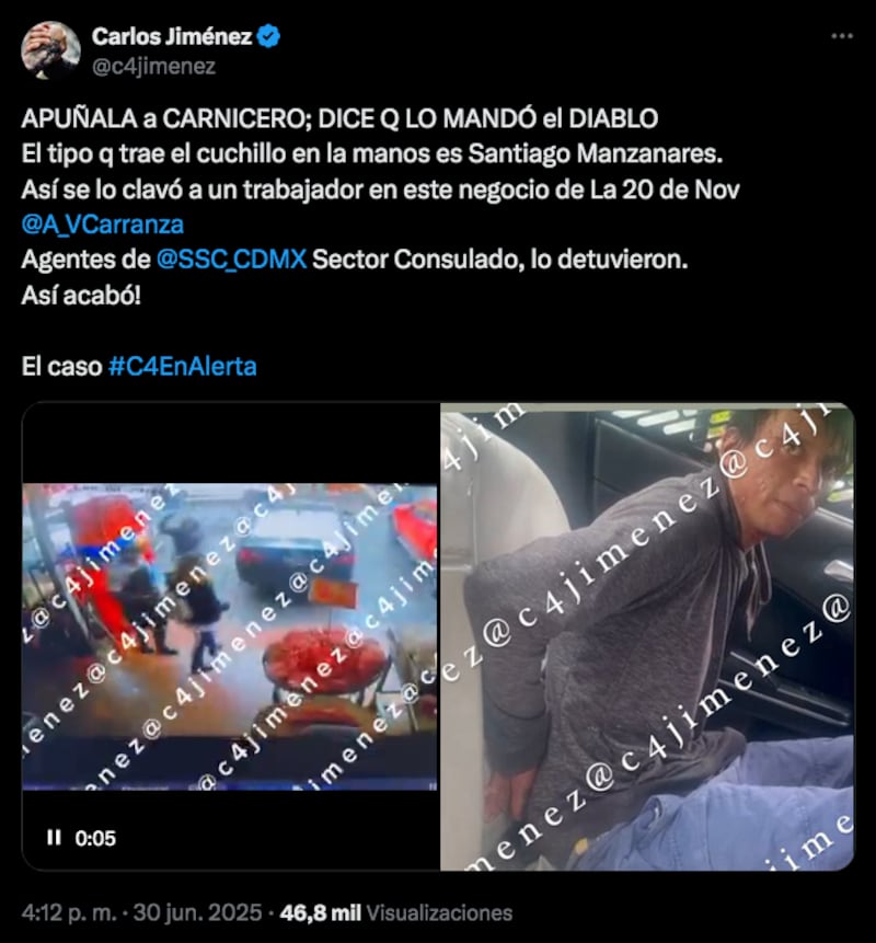 Publicación del periodista Carlos Jiménez en X