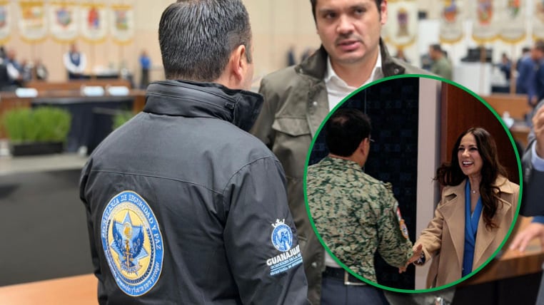 La gobernadora Libia Dennise García Muñoz Ledo saluda a un mando militar durante la Sexta Sesión Ordinaria del Consejo Estatal de Seguridad Pública, realizada en Irapuato.