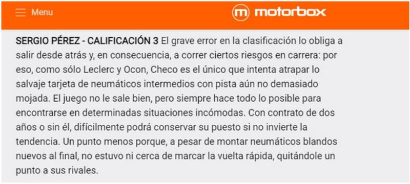 El portal italiano Motor Box detrozó a 'Checo' calficándolo con 3 durante el GP de Silverstone. Imagen: captura de pantalla.