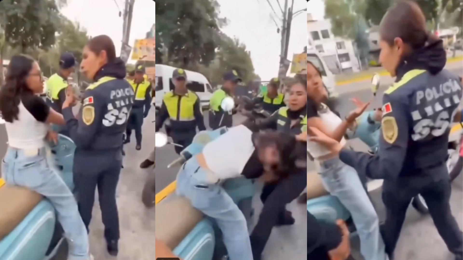 Un video difundido en redes sociales muestra el momento en que una policía y una joven conductora protagonizan un forcejeo