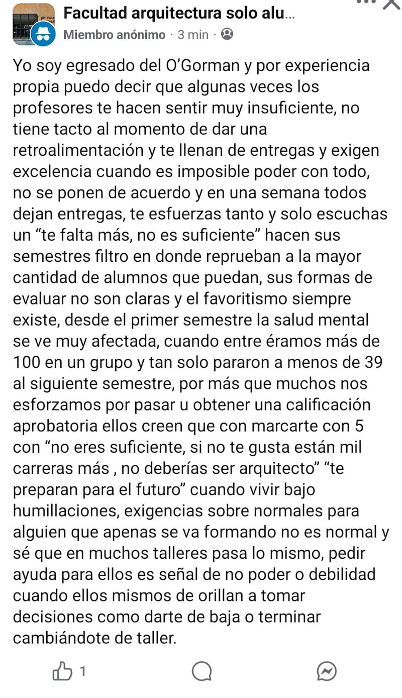 Quejas en el grupo de Facebook de la Facultad de Arquitectura
