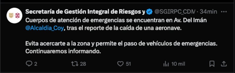 Caída de aeronave en Ciudad Universitaria en alcaldía Coyoacán