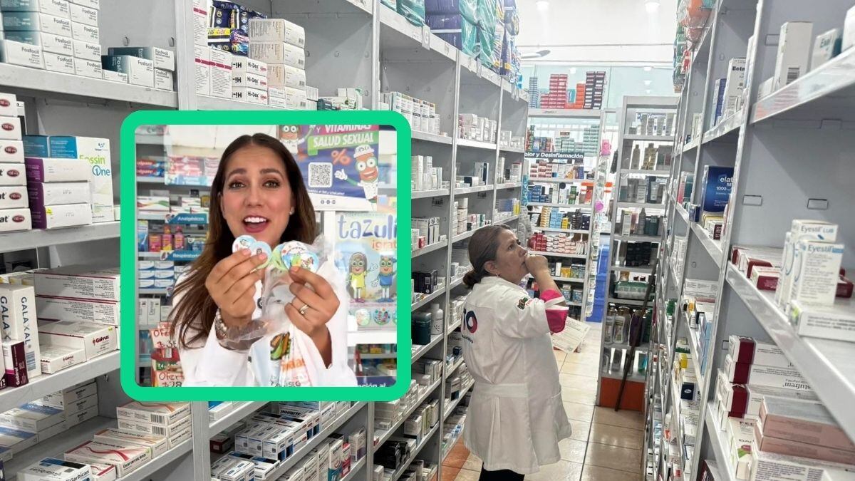 La gobernadora Libia García exhibe los primeros “tazulines” durante el lanzamiento de la campaña en una sucursal de Farmacias ISSEG.