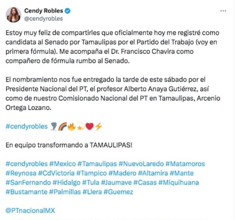 Registro como Senadora por Tamaulipas, Cendy Robles