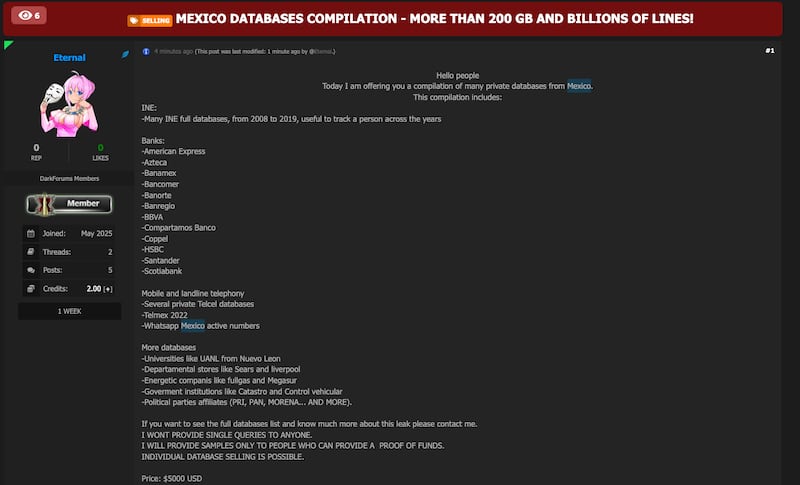 Un usuario en foro criminal ofrece bases de datos de México por 5 mil dólares, incluyendo bancos, Telmex, INE y más.