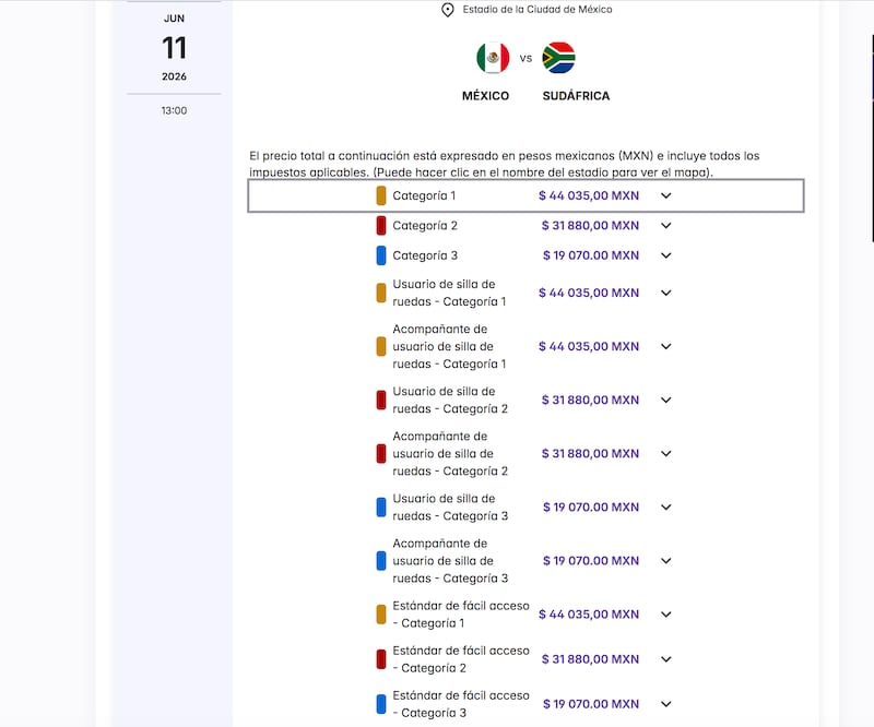 Precio de entradas para el México vs. Sudáfrica.
