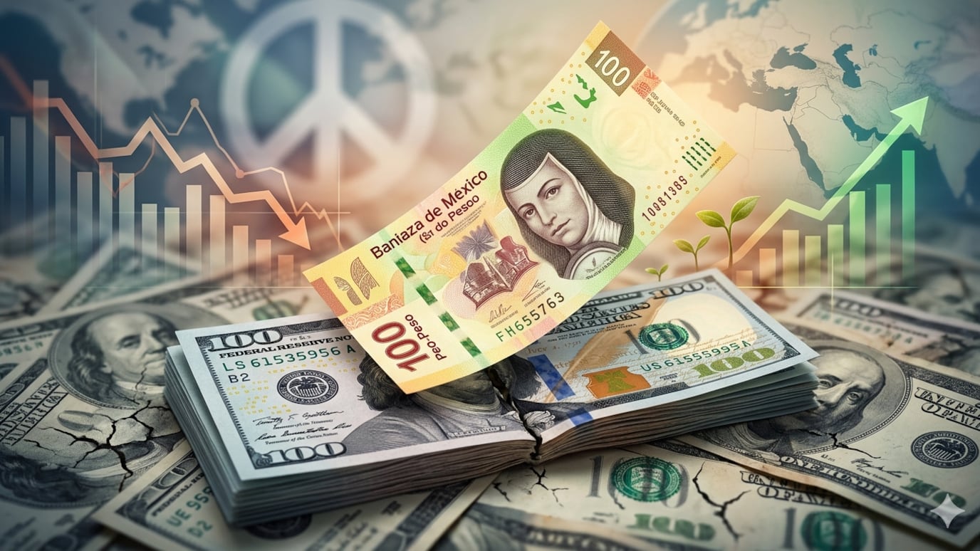 El peso acumuló una ganancia de 2.98%, mientras el dólar cae 1.35% por mayor apetito por riesgo.