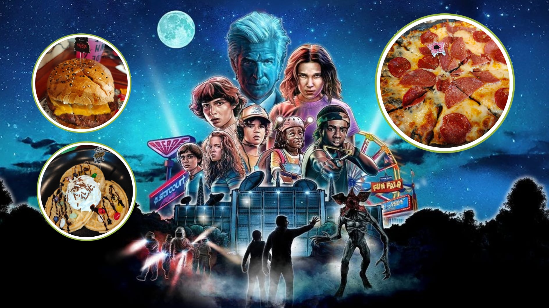 Hamburguesas negras, pizzas del Upside Down, bebidas que cambian de color y postres dignos del Mundo del Revés forman parte de la experiencia culinaria creada especialmente para celebrar la temporada 5