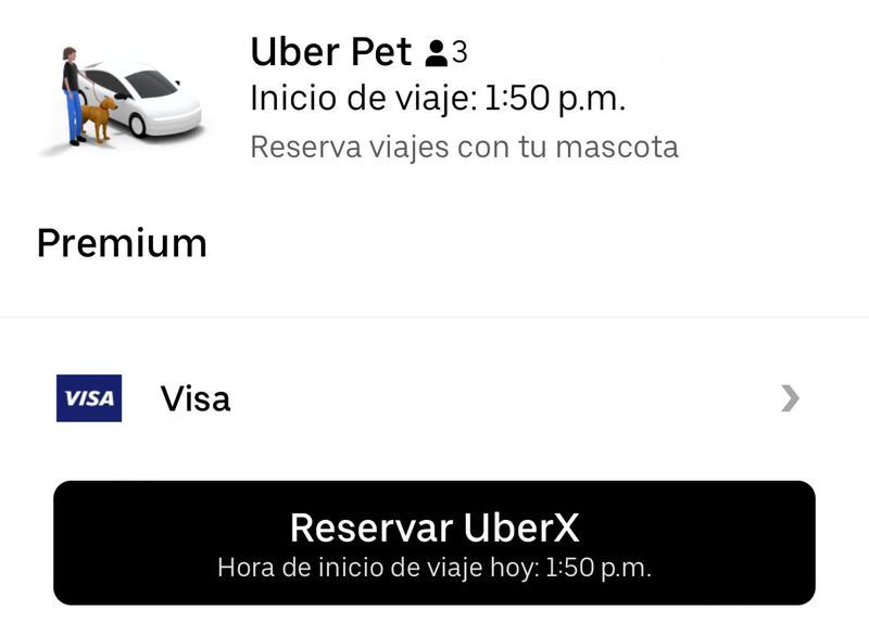 Solicitud de viaje en Uber Pet