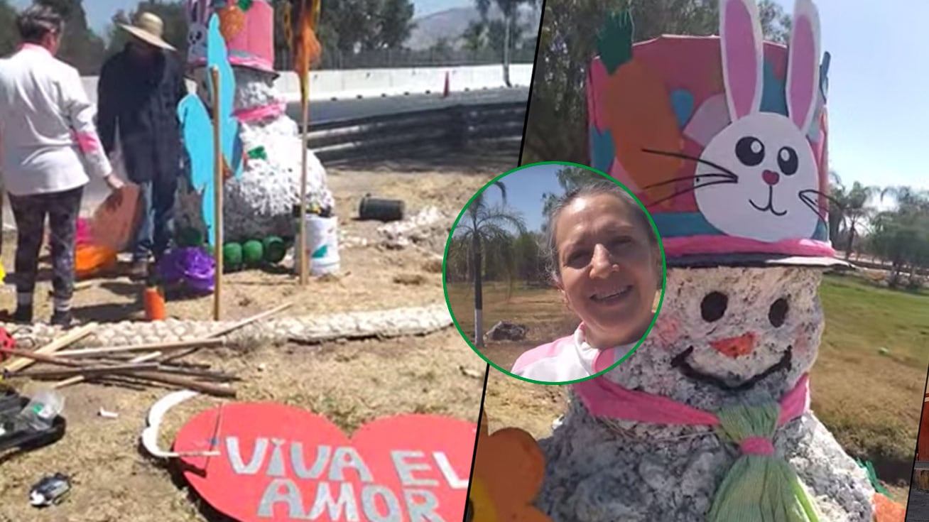 El mono de nieve de Silao puntual cambia de vestimenta. Con la llegada de la primavera es ahora un conejo de pascua.