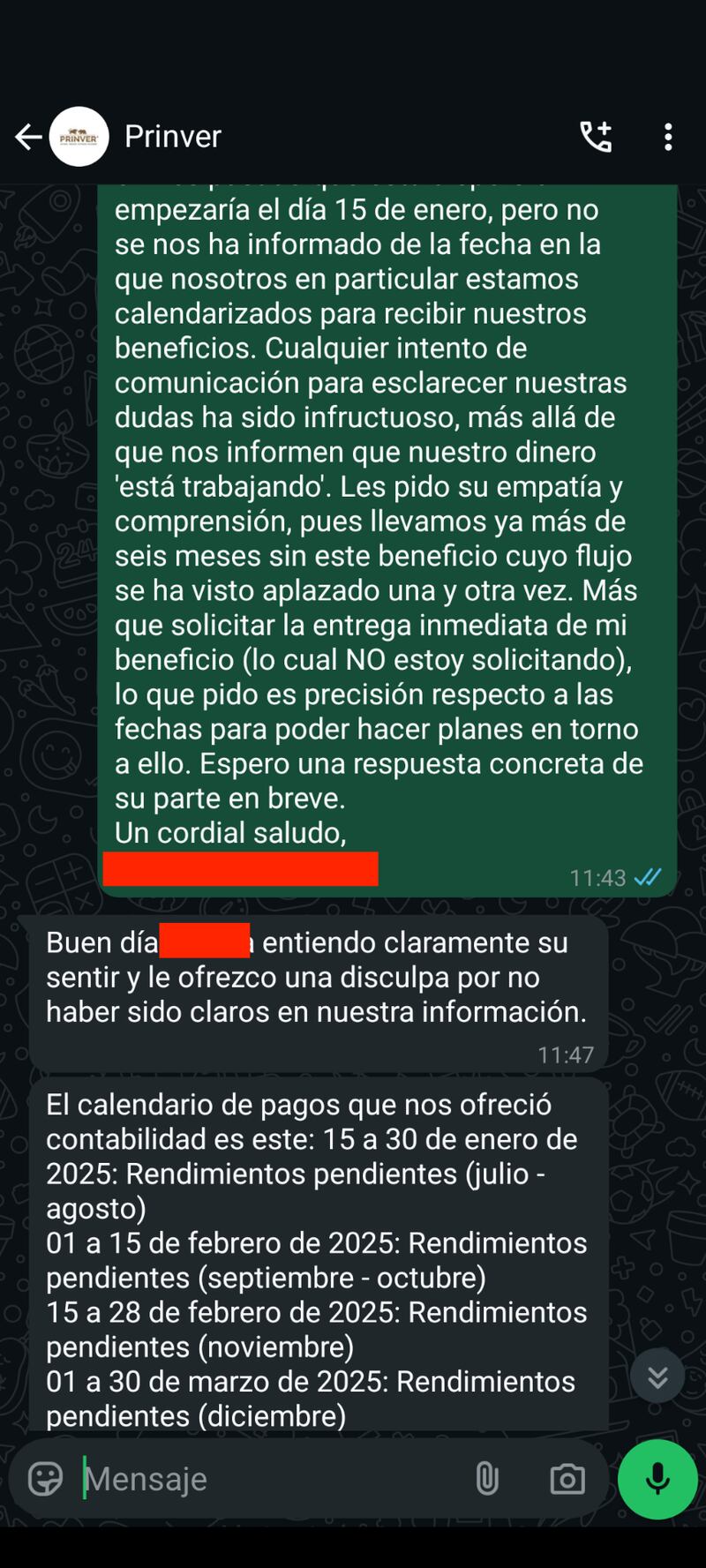 Conversaciones de WhatsApp con representantes de PRINVER muestran fechas falsas de dispersión que nunca fueron cumplidas.