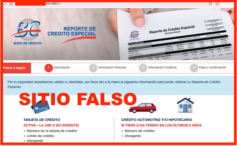 Sitio falso de Buró de Crédito pide tarjeta, límite y créditos hipotecarios, simulando el trámite oficial de reporte especial.