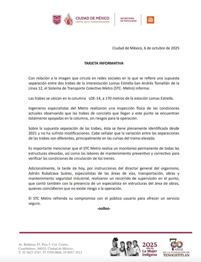 STC Metro comunicado caso Línea 12