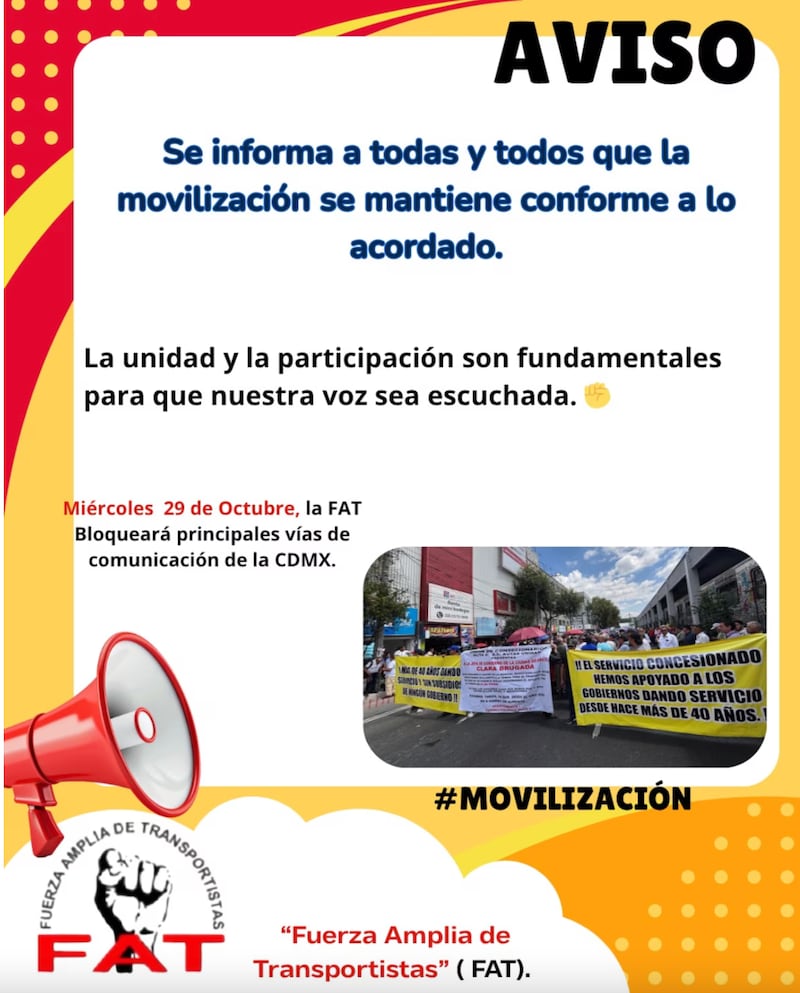 FAT anuncia bloqueo en la CDMX