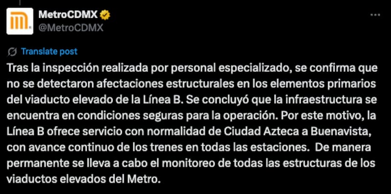 No hay daños en Línea B