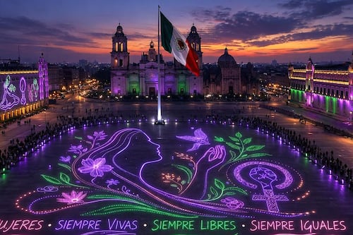 ¡El Zócalo se pinta de morado! Iluminación monumental por el 8M hace historia en CDMX