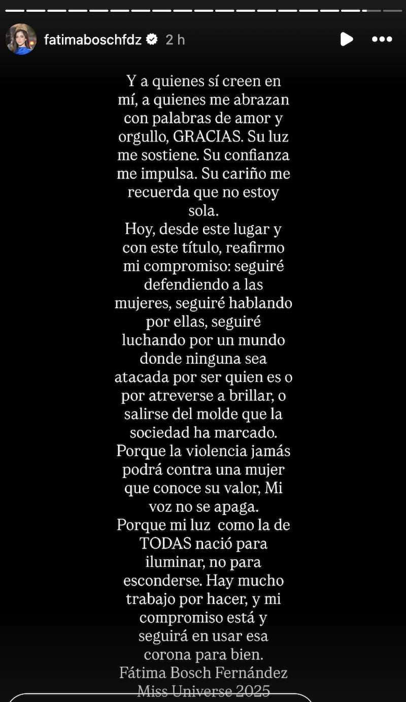Comunicado de Fátima Bosch en Instagram