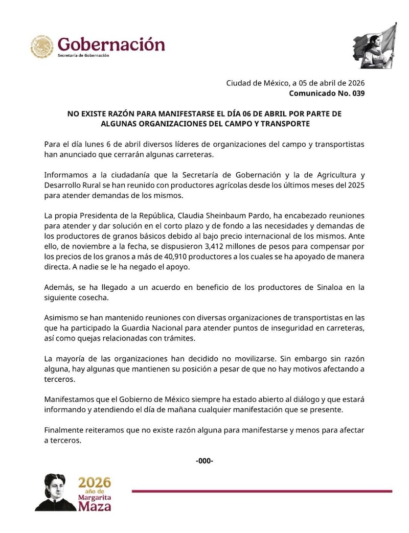 Comunicado Gobierno Federal