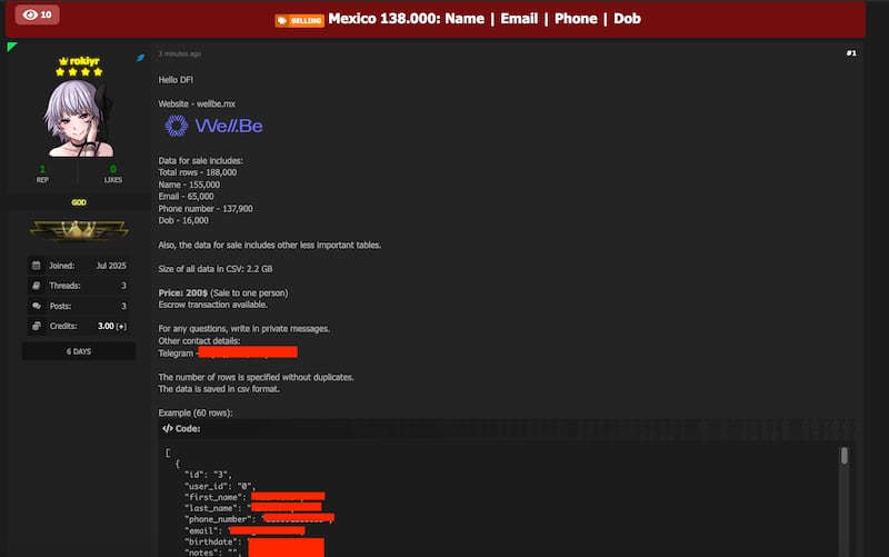 El vendedor “rokiyr” ofrece datos de WellBe en foros criminales, mientras usuarios de salud en México quedan expuestos.