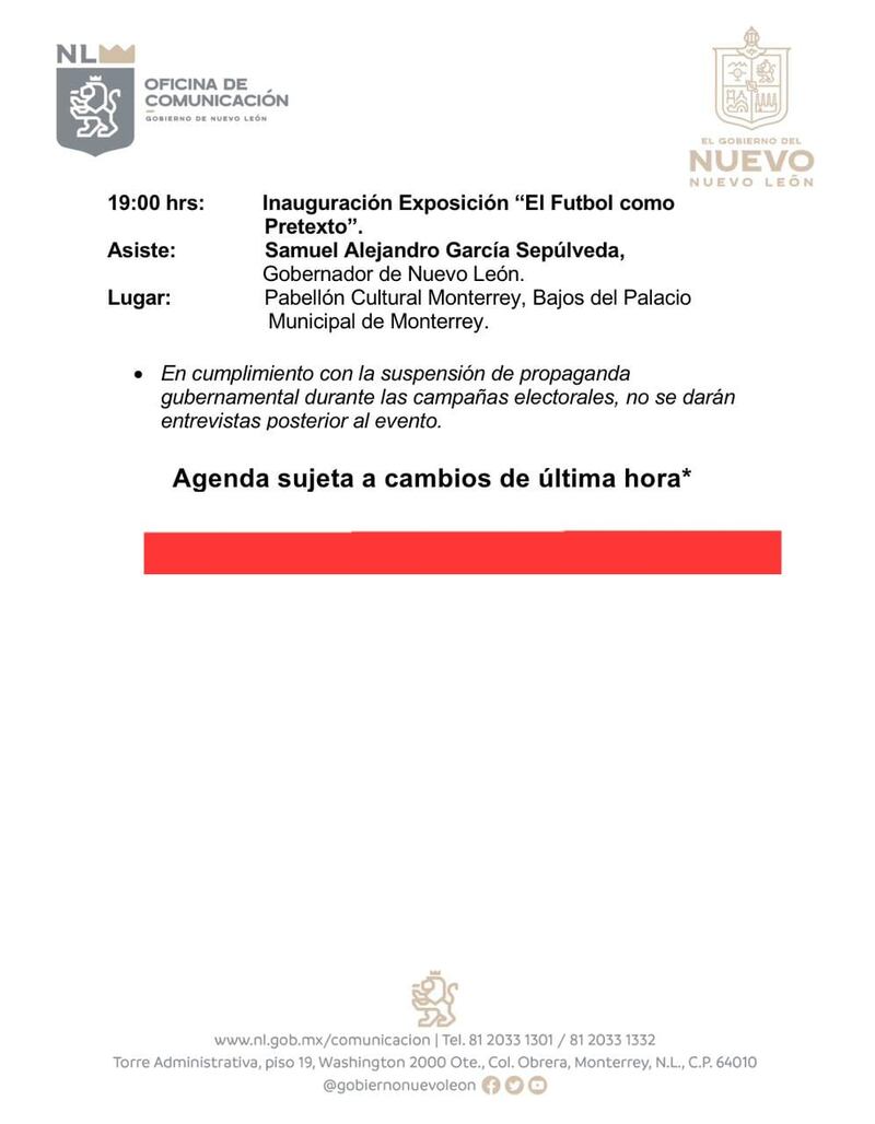 En la agenda para este miércoles se indica que García no dará entrevistas.