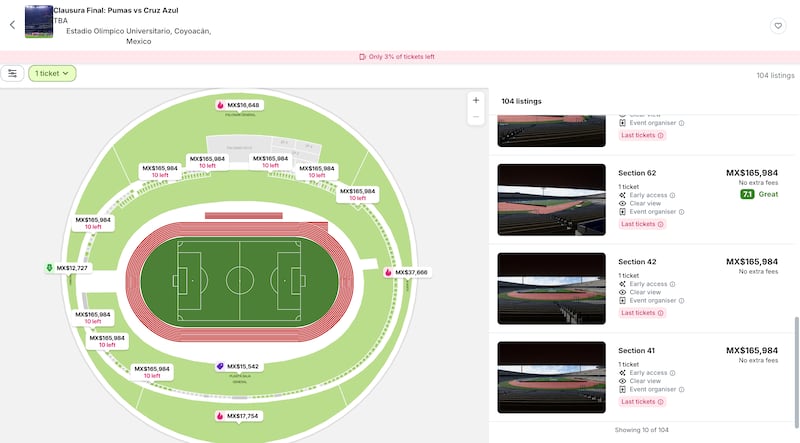 Boletos en reventa para la final Pumas vs. Cruz Azul.
