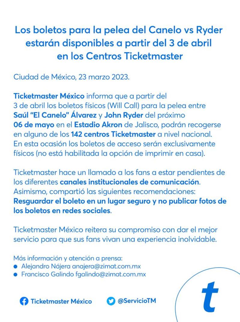Ticketmaster anunció cómo será la entrega de boletos para la pelea del Canelo Álvarez.