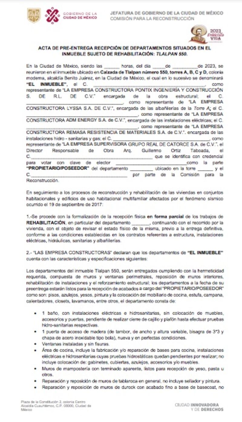 Acta de preentrega de inmuebles.