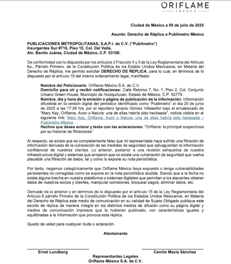 Solicitud de derecho de réplica.