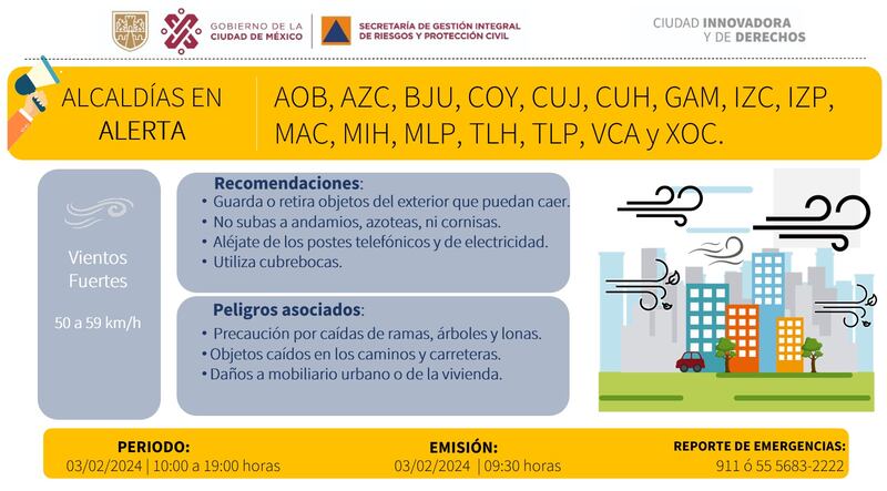 Alerta Amarilla por fuertes vientos en CDMX el sábado 3 de febrero.