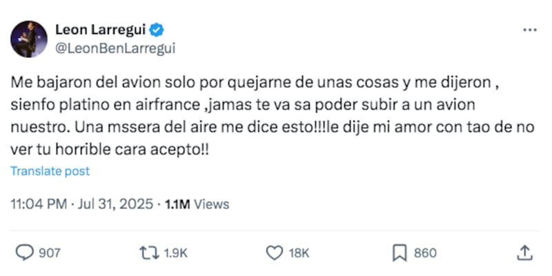 Publicación de León Larregui en X