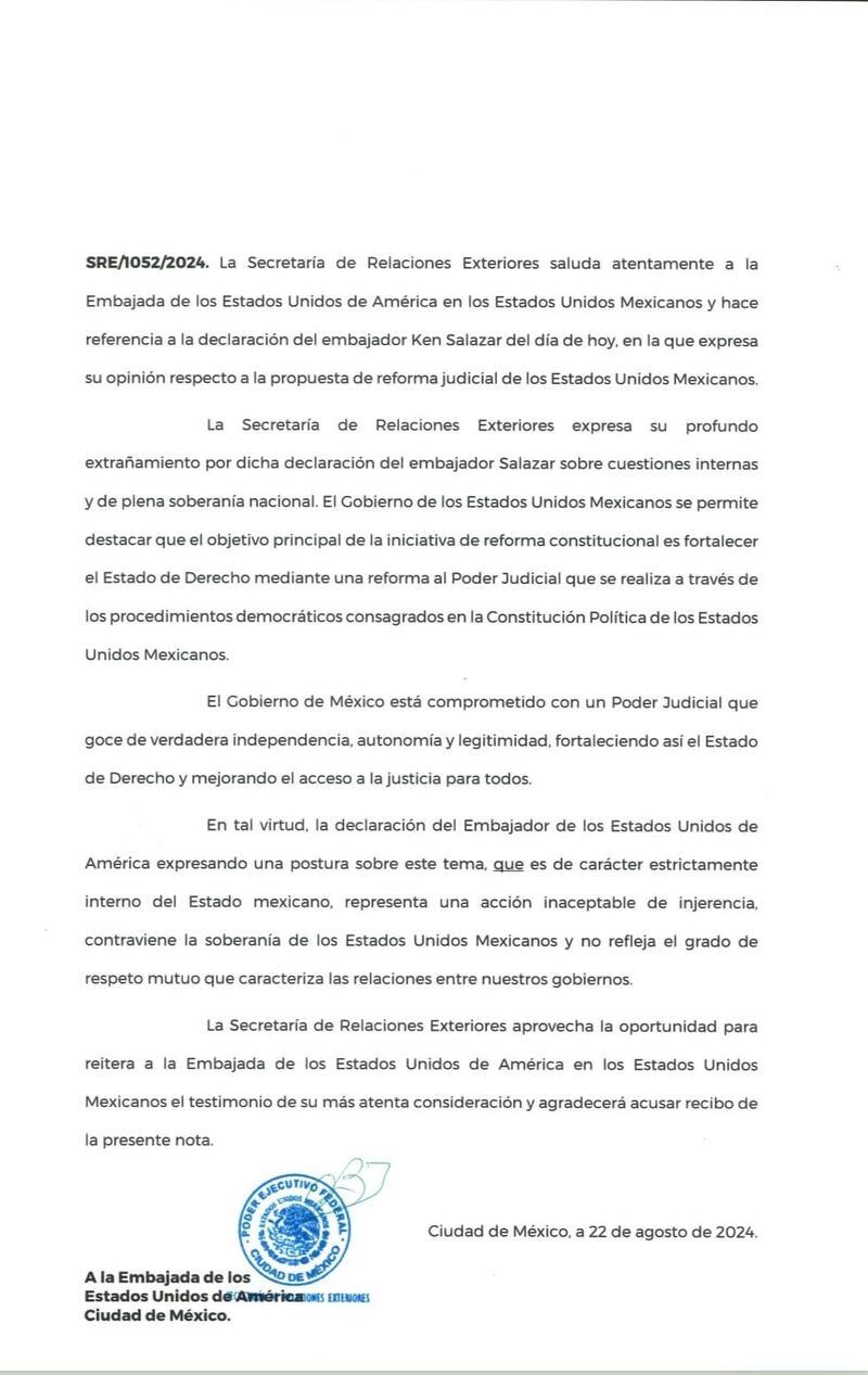 Carta de la Secretaria de Relaciones Exteriores dirigida a la Embajada de los Estados Unidos de América