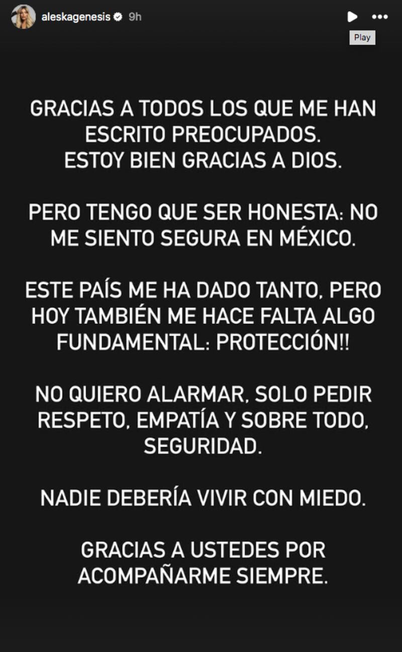 Comunicado de Aleska Génesis en Instagram