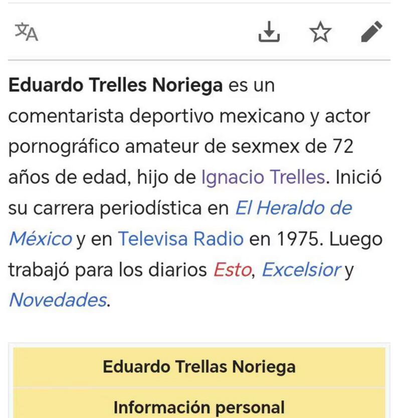 Así aparecía la descripción de Trelles en Wikipedia. Imagen: captura de pantalla.