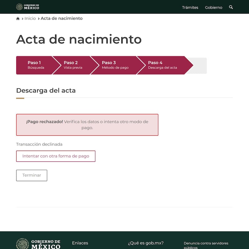 El sitio asegura que el pago fue rechazado; sin embargo, los ciberdelincuentes ya robaron los datos de la tarjeta.