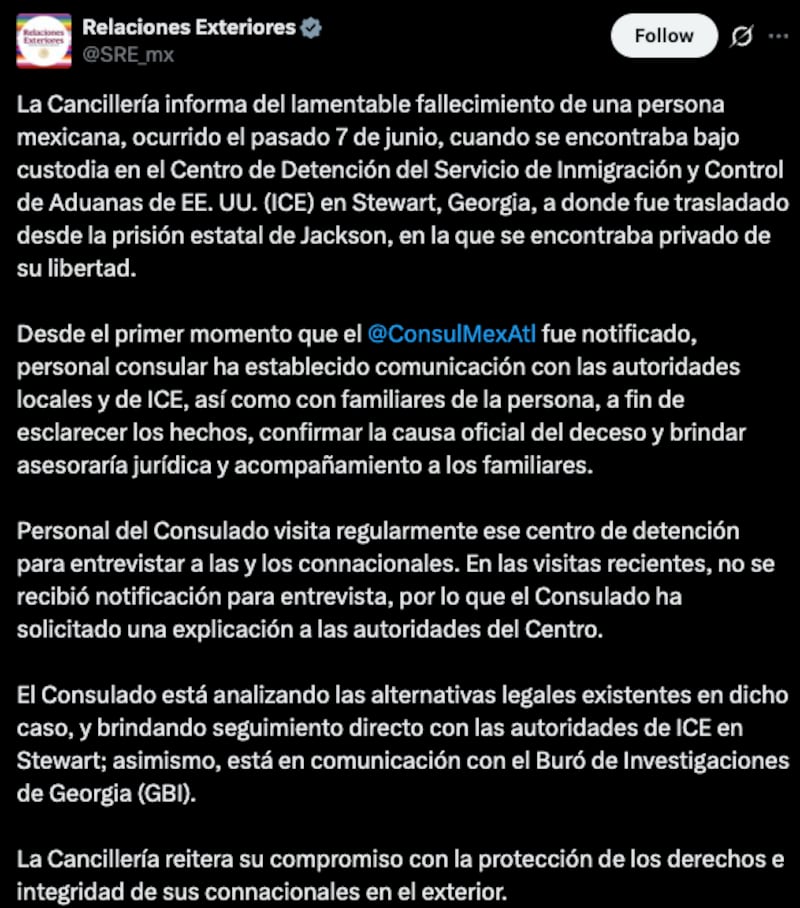 Comunicado oficial de de la SRE