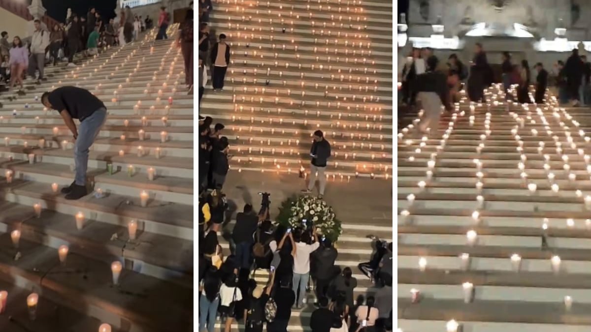Estudiantes de la Universidad de Guanajuato iluminaron con veladoras las escalinatas del Edificio Central en memoria de sus compañeros fallecidos en el trágico accidente.